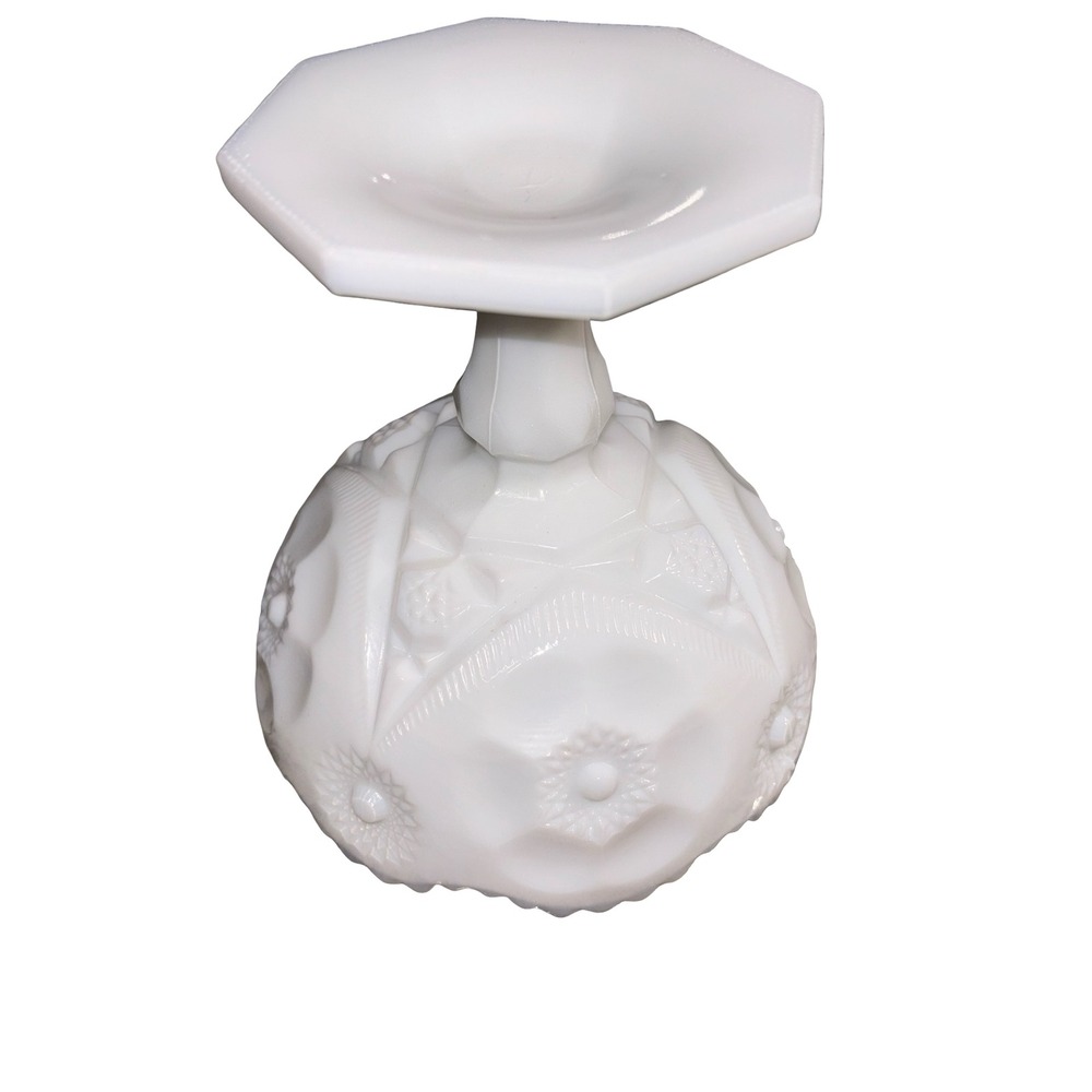 Vintage White Milk Glass Moon and Star Pattern Pedestal Compote Candy Dish Bowl - Picture 2 of 4